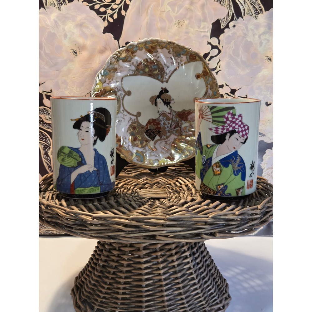 Vintage Japanese Geisha Tea Cups with Antique Japanese Kutani Geisha Plate